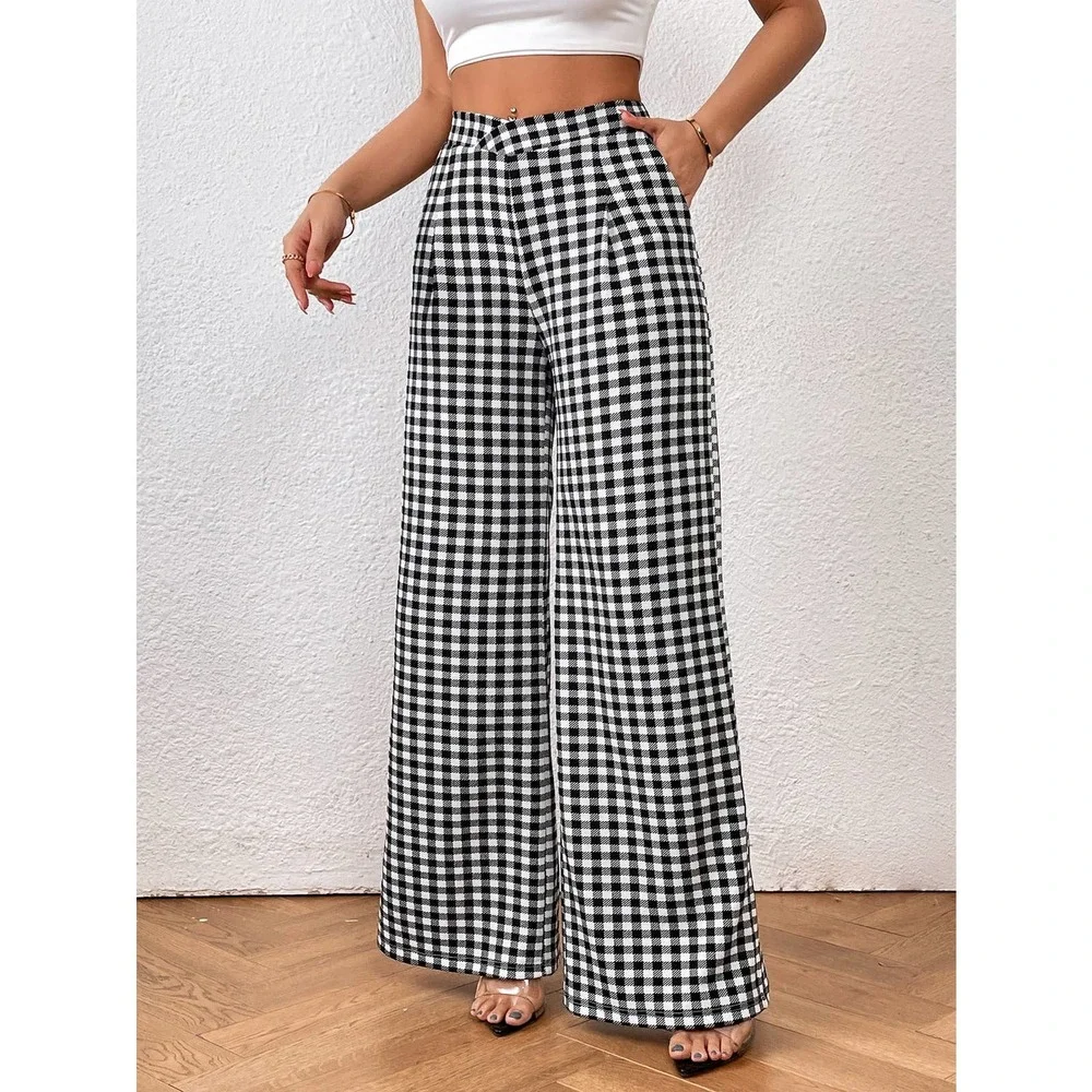 Gingham plaid Print Wide Leg high waist  Pants black white - Picture 4 of 7
